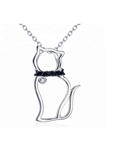 Collier Chat Pendentif Cz Noir Argent 925