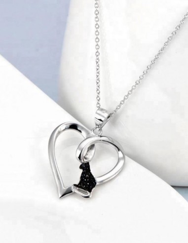 Collier Chat noir cœur- argent 925