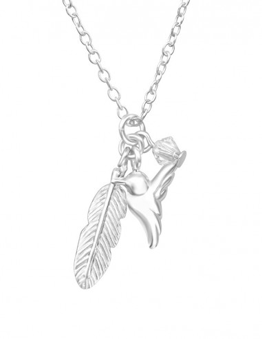 Necklace bird feather Swarovski crystal - Silver 925