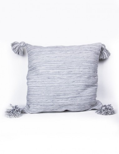 Housse de coussin en coton lignée gris et blanc et à pompons