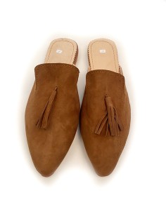 Sandale Mules mocassins en daim avec pompon brun Kamel