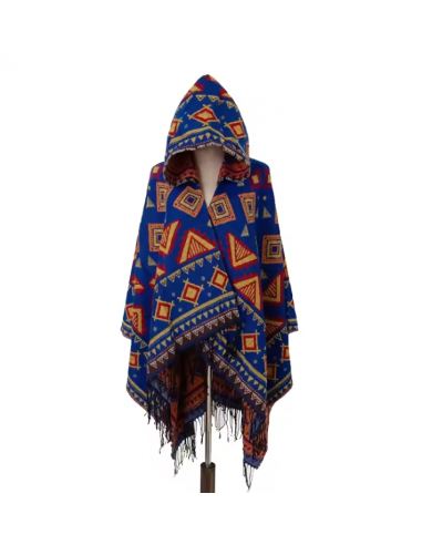 Poncho cape ethnique style boho bleu