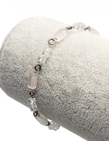 Bracelet argent 925 en quartz rose et cristal de roche