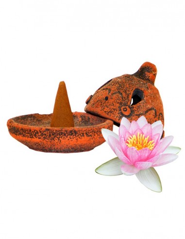 Terracotta incense holder with cone - Lotus