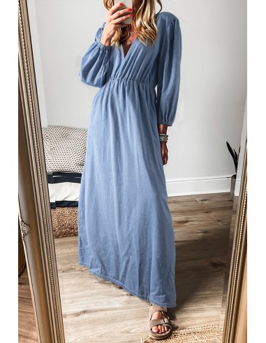 Myosotis Chambray Maxi Dress with Deep V Neck – Elegance