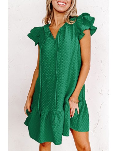 Textured Straight Dress with Ruffles and Flutter Sleeves – Green