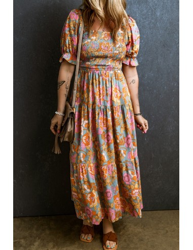 Multicolored Floral Dress – Smocked Bodice & Puff Sleeves