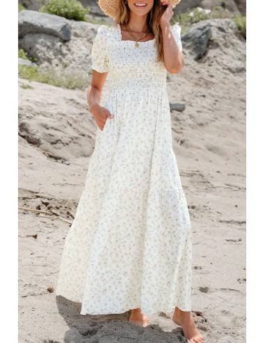 White Floral Maxi Dress - Shirred Bodice & Puff Sleeves