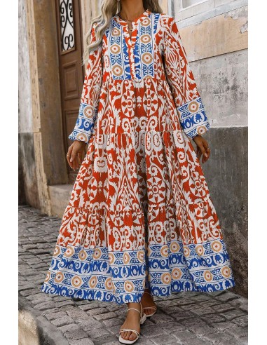 Boho Geometric Printed Long Sleeve Maxi Dress – Orange