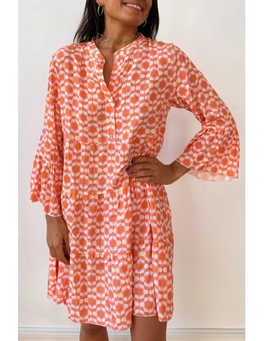 Floral Print Mini Dress with Flounce Sleeves and Buttons - Orange