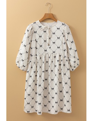 Robe Mini Blanche à Motif Nœud et Manches Bouffantes Mi-longues