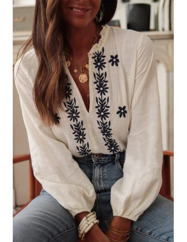 White Floral Embroidered Blouse with V-neck and Puff Sleeves