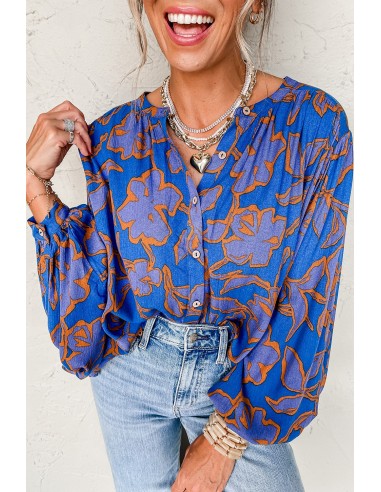 Blue Floral Print Batwing Sleeve Shirt - Casual Style