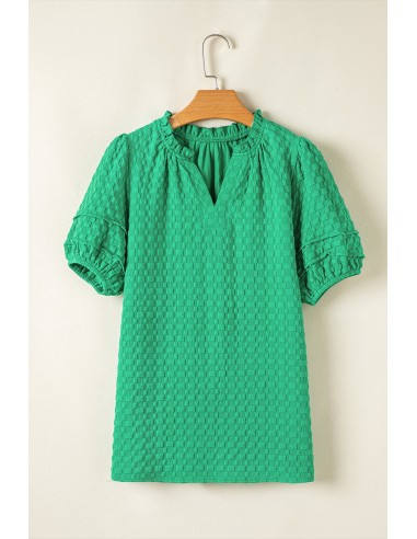 Green Textured Puff Short Sleeve V Neck Top