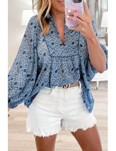 Sky Blue Western Geometric Print V Neck Blouse