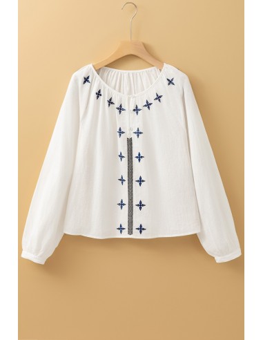 Blouse Blanche Brodée Géométrique à Manches Longues et Boutonnée