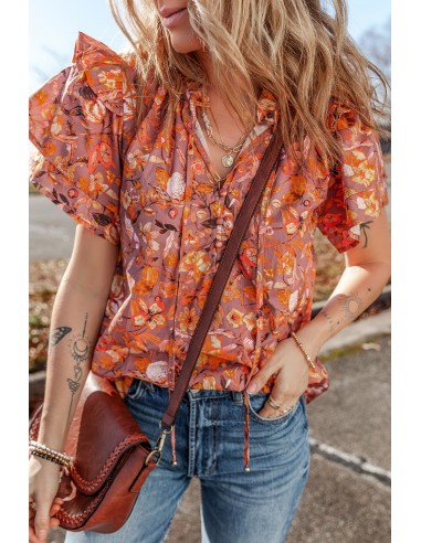 Orange Floral Print Blouse with Ruffled Flutter Sleeves and V Neck