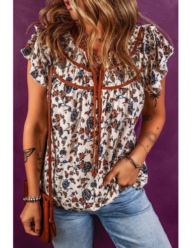 Floral Ruffled Blouse with Lace-Up Detail – Boho Chic Style