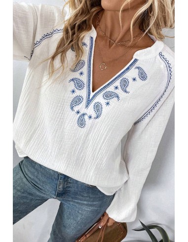 White Long Sleeve Blouse with Blue Bohemian Embroidery