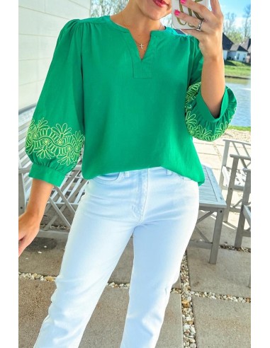 Elegant Green Blouse with Floral Embroidery and Notched V Neck 3/4 Sleeve