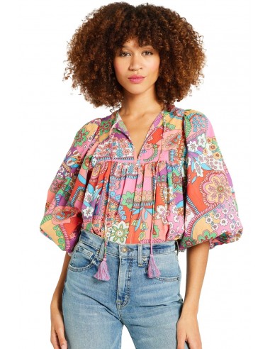 Blouse florale bohème à manches bouffantes et col à liens