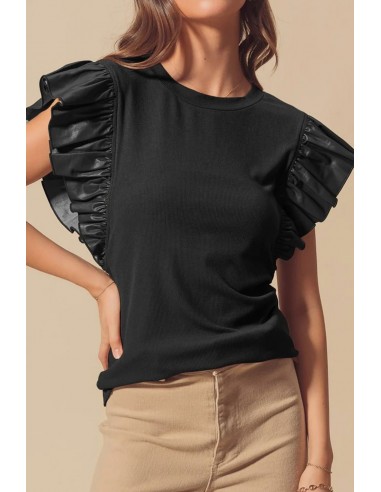 Blouse Noire à Manches Volantées en Similicuir – Chic & Élégance