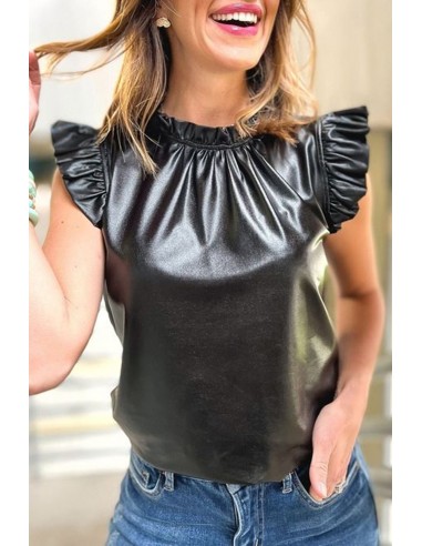 Black Faux Leather Blouse with Ruffles – Chic & Bold