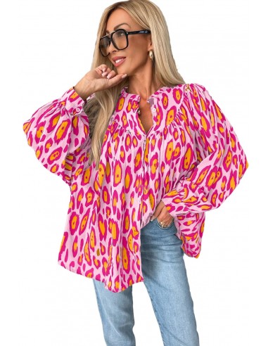 Oversized Pink-Red Leopard Blouse with Balloon Sleeves – Stylish & Casual