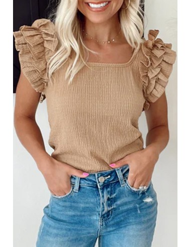 Short Sleeve Top with Ruffled Layered Sleeves and Square Neck in Beige