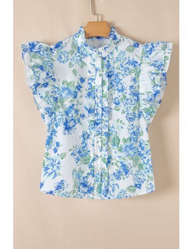 Chemise à manches avec volants imprimée floral bleu ciel chic